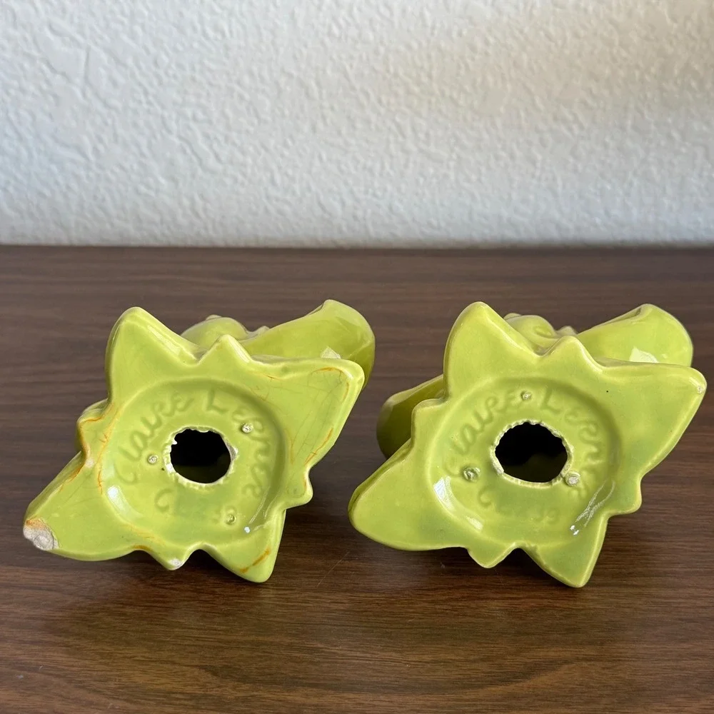 Vintage Chartreuse Green Ceramic Tulips Floral Candle Holder Set of 2 MCM READ